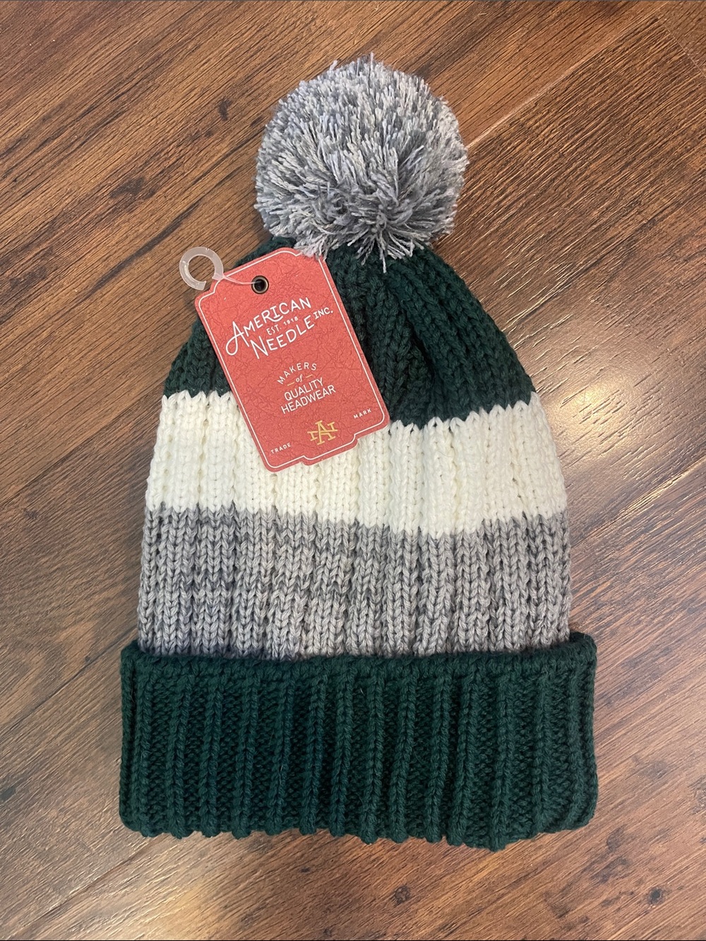 NWT American Needle Beanies Pom Pom Striped Green White Gray‎